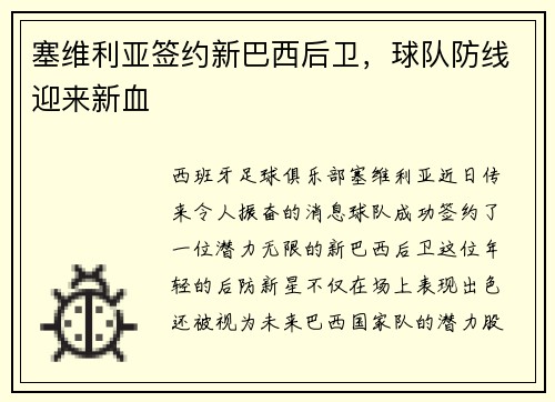 塞维利亚签约新巴西后卫，球队防线迎来新血